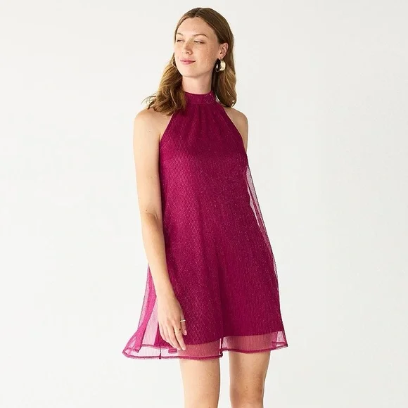 Nine West | Dresses | Nwt Flowy Nine West Halter Mockneck Swing Mini Dress  Berry Metalic Size Xl | Poshmark